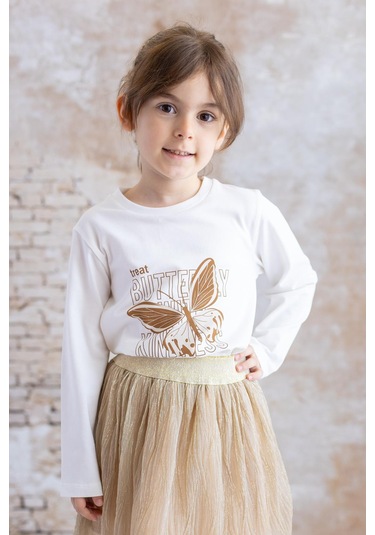 Mininio Kız Bebek Baskılı T-shirt Etek Ikili Takım - Bej Bej