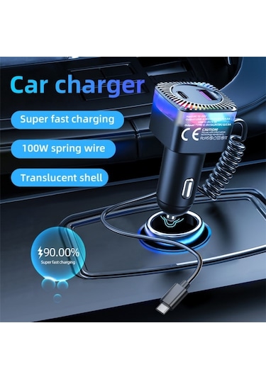 Yaylı Type-c Kablo İle Usb + Type-c Pd 30w Telefon Hızlı Şarj Adaptörü Araç Şarj Cihazı