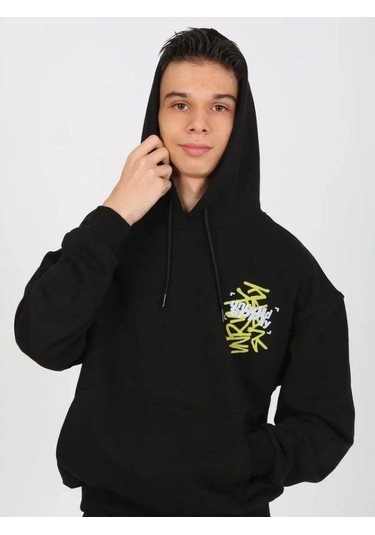Erkek Çocuk 2 İplik Yazı Detaylı Kapüşonlu Sweatshirt-15232 Siyah