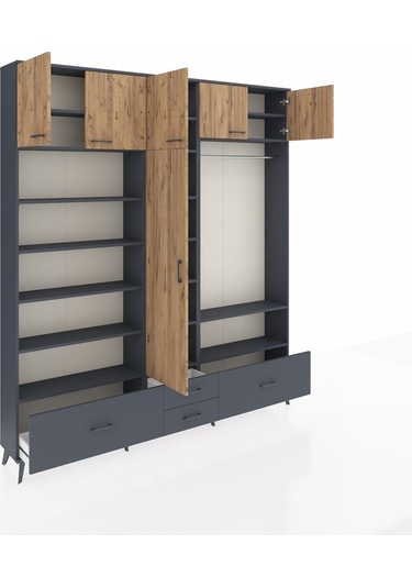 Arges Dolap 18 Raflı 4 Çekmeceli Tek Askılı 220x30x243 Antrasit-çam/antrasit Atlas Çam/antrasıt