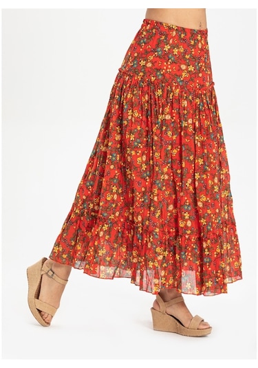 Buse Vual Uzun Etek Tomurcuk Desen Turuncu 6168