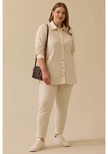 Kadın Büyük Beden Fitilli Bilek Boy Pantolon - Bej 4358892