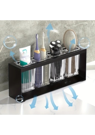 Fastbuy Dream011 Siyah 4'lü Silindir Tutucu, Dahili Tahliyeli Banyo Düzenleyici, Su Filtreli Bardak, Diş Fırçası Macunu Tutuc Siyah