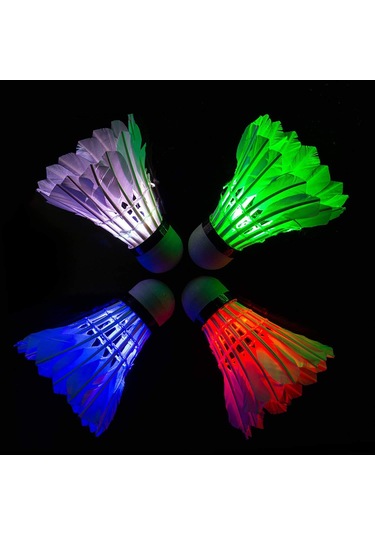 Vkemall Led Işıklı Badminton Topu 4'lü Paket Kırmızı, Yeşil, Mavi, Renkli - Gece Sporu İçin Dayanıklı, Hızlı Aktifasyon, Kauçuk Uç Ve Kazak Tüylü