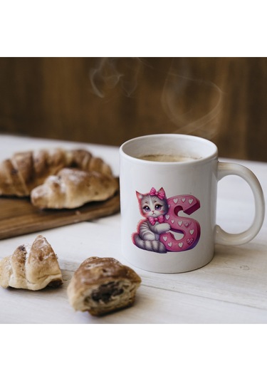 S Harfli Bardak, Sevimli Kedili Pembe Tasarım Bardak, Arkadaşa Aileye Hediye Porselen Beyaz