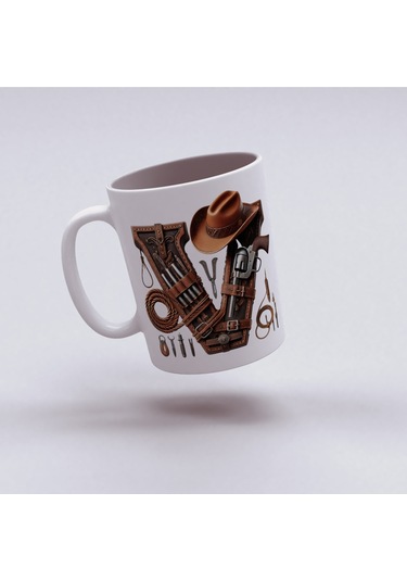 V Harfi Kovboy Temalı Bardak 330 Ml İsim / Harf Kişiye Özel Hediye - Vahşi Batı Konsept Beyaz