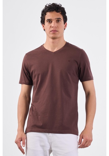 Kahve V Yaka Pamuklu Düz Renk Slim Fit Erkek T-shirt Kahve