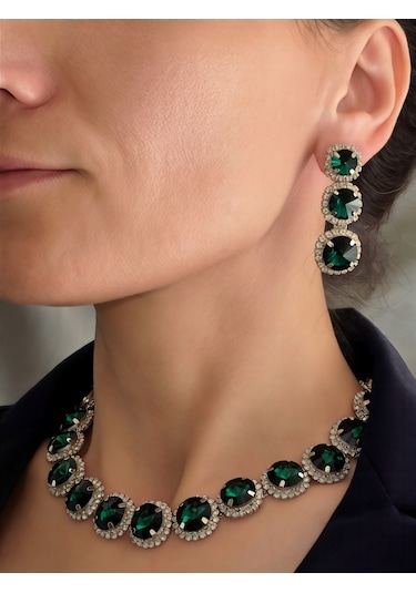 Riviere Kristal Taşlı Çiçek Model Yeşil Renkli Kolye Küpe Set