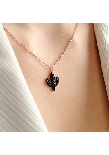 Lekka Design Siyah Zirkon Taşlı Kaktüs Kararmaz Çelik Kadın Kolye Çelik