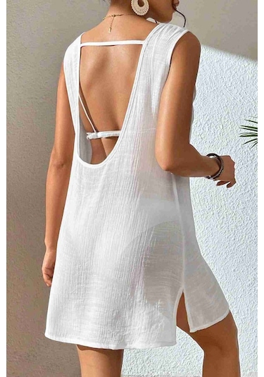 Angelsin Sırt Dekolteli Yırtmaçlı Pareo Plaj Elbisesi Beyaz 001