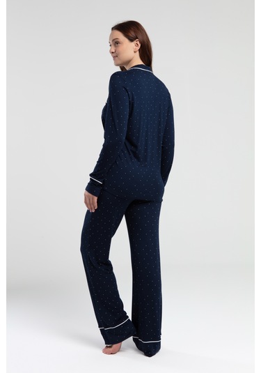 Pierre Cardin 8986 Uzun Kol Önden Düğmeli Kadın Pijama Takımı Lacivert