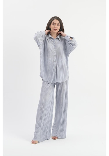 Düğme Detaylı Örme Pilise Takım - Gri-gri Gri