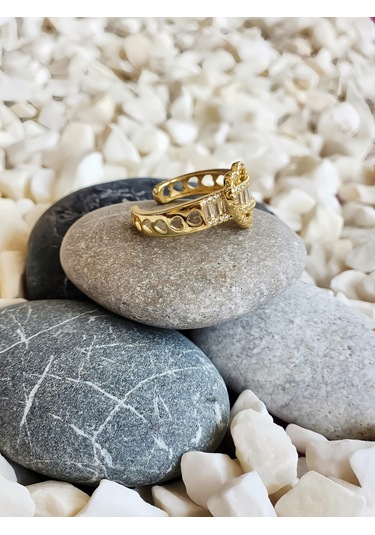 Eva Takı Store Kalp Figürlü Yarım Tur Formlu Ayarlanabilir Gold Renk Çelik Yüzük Gold