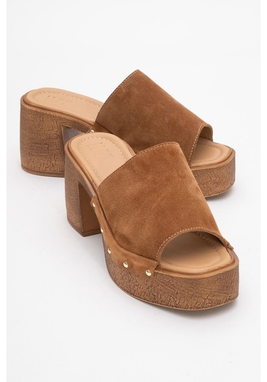 Pull Taba Süet Hakiki Deri Kadın Platform Topuklu Terlik Taba