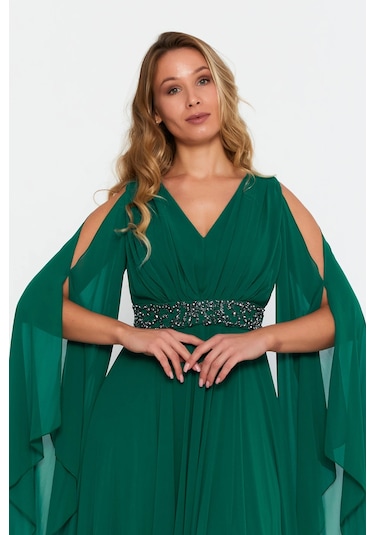 Doridorca Kadın Büyük Beden V Yaka Maxi Abiye Elbise 6021 Zümrüt Zümrüt