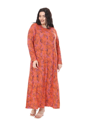 Melsay Butik Turuncu İnce Mercan Desen Uzun Kollu Kadın Elbise Turuncu