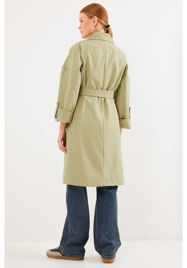 Gabria Kol Katlamalı Bel Bağlamalı Trenchcoat Yeşil