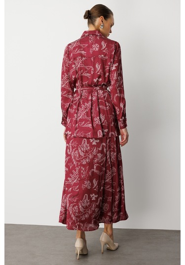 Mizalle Bordo Desenli Evaze Uzun Saten Etek Bordo