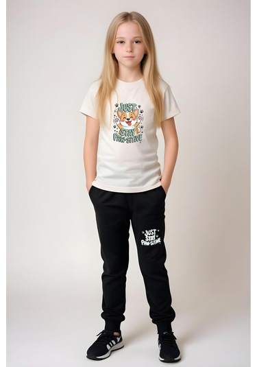 Just Stay Paw Baskılı Kız Çocuk Tişört Ve Eşofman Alt-üst Takım KREM