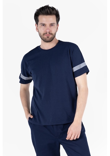 T 2830 Bisiklet Yaka Reflektörlü T-shirt Lacivert