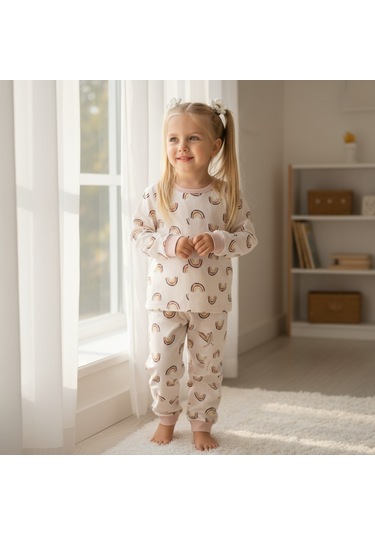 Gökkuşağı Desenli Kız Çocuk Pijama Takım Pudra