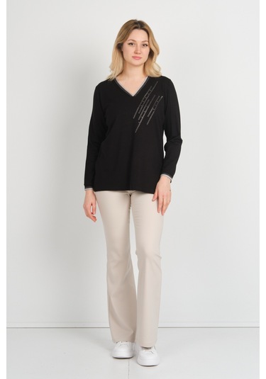 Detay Triko Kadın V Yaka Taş İşlemeli Uzun Kol Anne Bluz 5751 Siyah Siyah