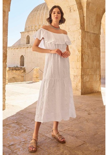 Monamise 23078 Kadın Volanlı Fisto Elbise-beyaz Beyaz