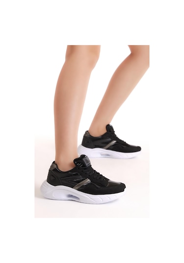 Faylon Taban Şeritli Bağcıklı Kadın Siyah Beyaz Spor Ayakkabı Tba060 Siyah Beyaz