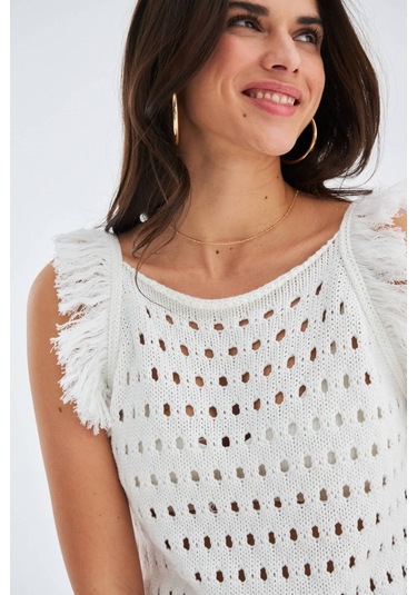 Peraluna Mıyokı Dress %100 Pamuk Diz Hizası Yazlık Kadın Triko El Kırık Beyaz