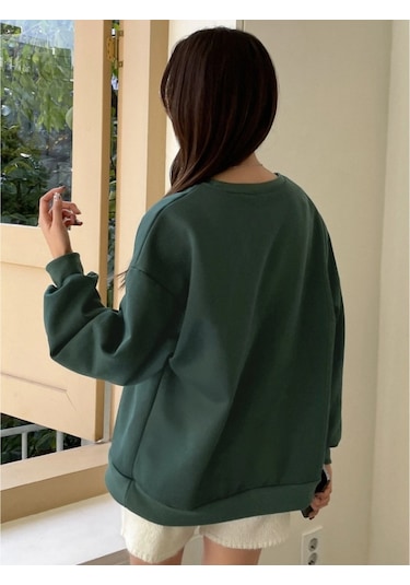 Kadın Nefti Yeşili Guardıan Baskılı Oversize Sweatshirt Nefti Yeşili