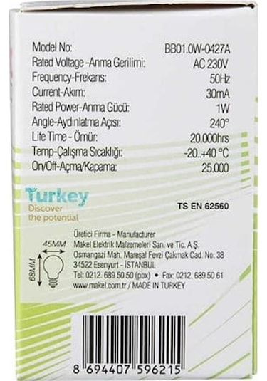 Makel 1W Led Gece Lambası Mavi