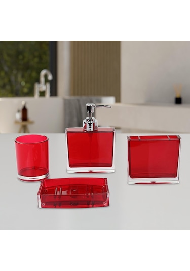 Suntek 4x Losyon Dispenser Bardak Diş Fırçası Tutucu Seti Kırmızı