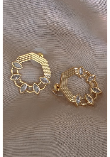 Mirror Damla Çiçek Figür Altıgen Model Çelik Küpe Gold