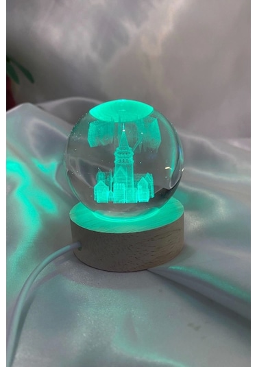 3d Led Işık Gecelambası Cam Küre Çok Renk Günışığı Ahşap Galata Kulesi Gece Lambası 6 Cm