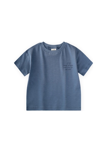 Cigit Slogan Baskılı T-shirt 2-10 Yaş İndigo Mavi