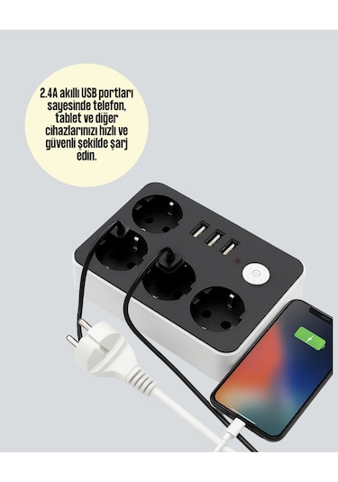 4.1a Hızlı Şarjlı Akım Korumalı 4 Priz Ve 3 Usb Çıkışlı Priz