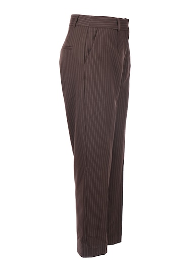 Unique Mode Minimalist Çizgili Midi Kadın Pantolon - Yüksek Bel Kahverengi