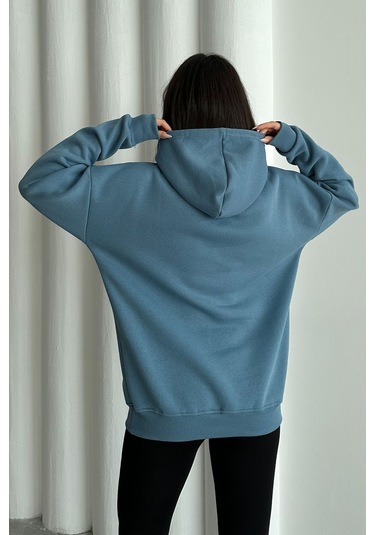 Kadın Mavi Charlie Luciano Baskılı Oversize Kapüşonlu Sweatshirt Mavi