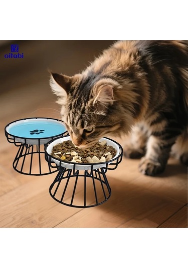 Willowhaven Yeşil Pençe Desenli Yükseltilmiş Seramik Kedi Kabı Metal Standlı