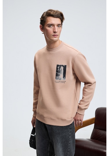 Grimelange LUCIAN Erkek Göğsü Ve Sırtı Baskılı Yuvarlak Yaka Regular Fit Vizon Sweatshirt