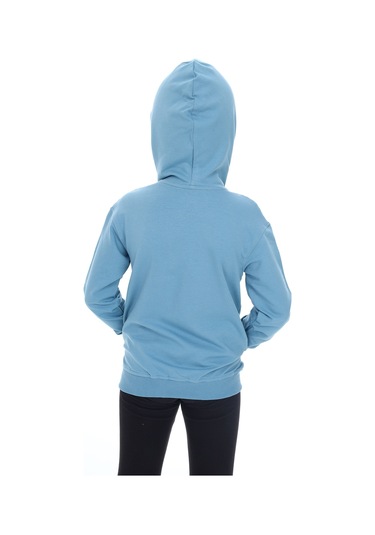 Toontoy Kız Çocuk Kapüşonlu Fermuarlı Cepli Düşük Omuz Nakış Baskılı Örme Hırka - 2 İplik Mavi