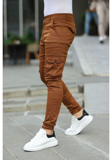Slim Fit Körüklü Cep Paça Lastikli Esnek Kumaş Erkek Kargo Pantolon Hardal