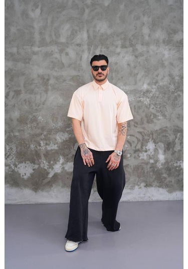 Erkek Polo Yaka Oversize T-shirt Açık Pembe