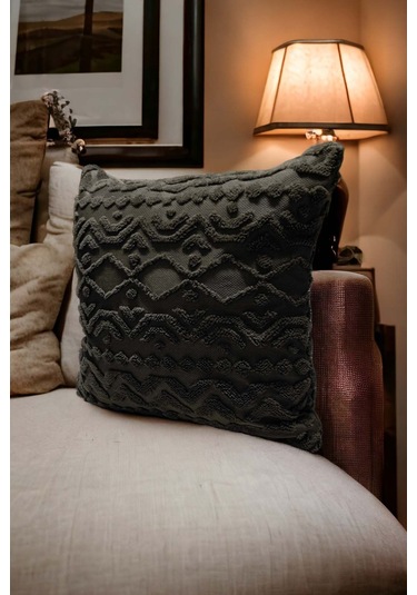 Bohem Dekoratif Yastık Kılıfı Kırlent Kılıfı 43x43 Cm Antrasit Geometrik Gri