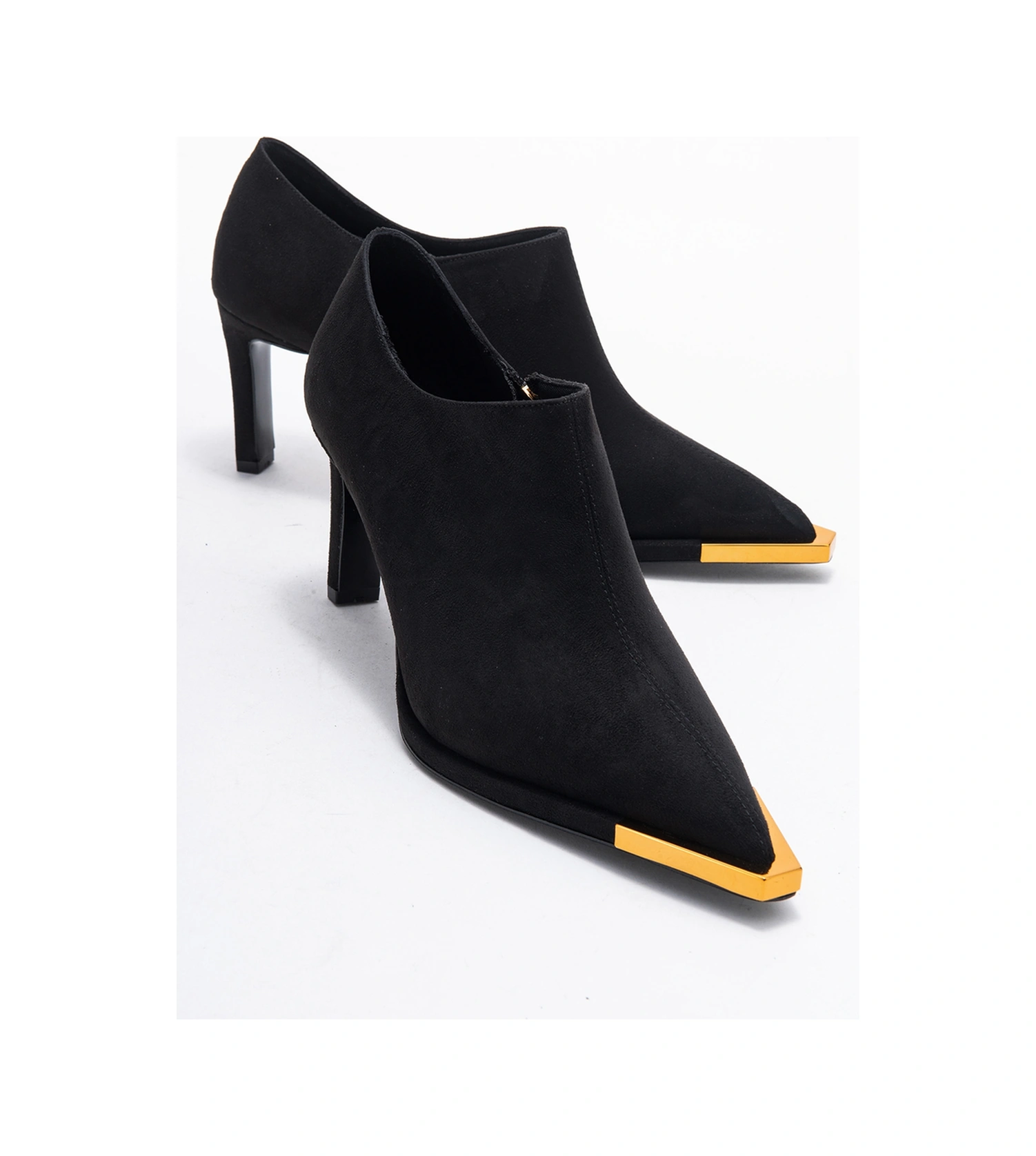 Sona Siyah Süet Altın Detaylı Fermuarlı Kadın Bilekte Topuklu Ayakkabı SIYAH SUET