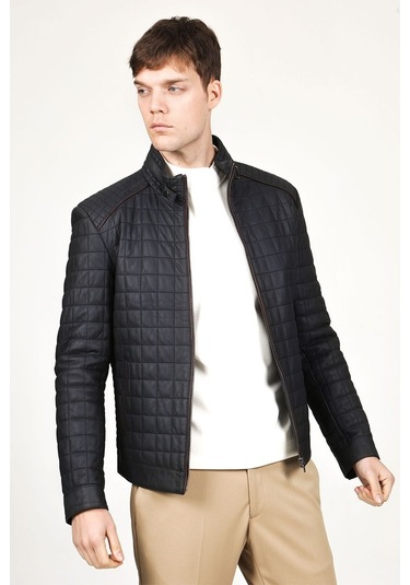 Dericlub E-1203 Gummy Gerçek Deri Erkek Kaban-Lacivert