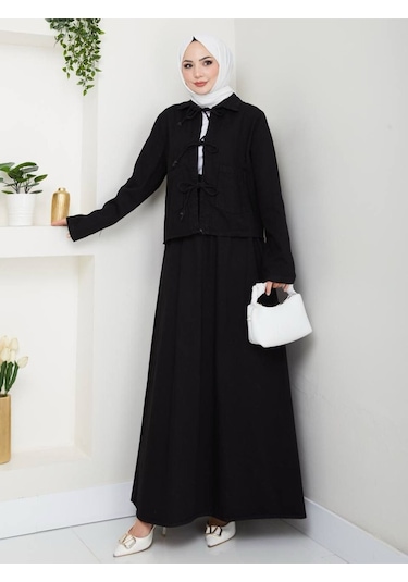 Tesettür Kadın Fiyonklu Etekli Kot Takım Siyah