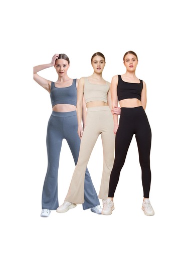 Fitilli Kare Yaka Esnek Örme Crop Büstiyer 3'lü Atlet Set Antrasit - Bej - Siyah