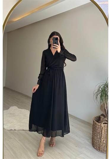 Neşeli Butik Kadın Uzun Kollu Kuşaklı Maxi Şifon Elbise Nm001 Siyah