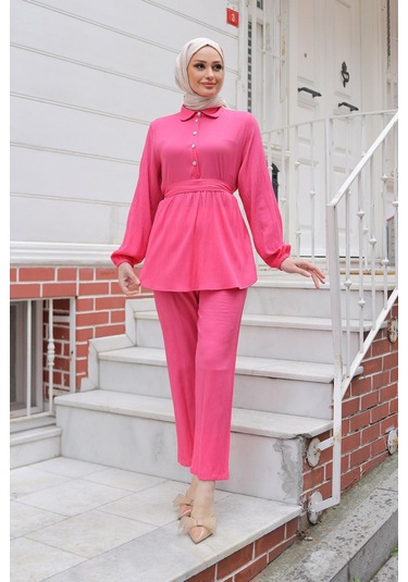 Taş Düğme Detaylı Takım Fuşya Fuşya